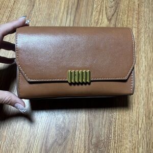 Mango Chestnut Brown Clutch with Gold Chain Shoulder Strap